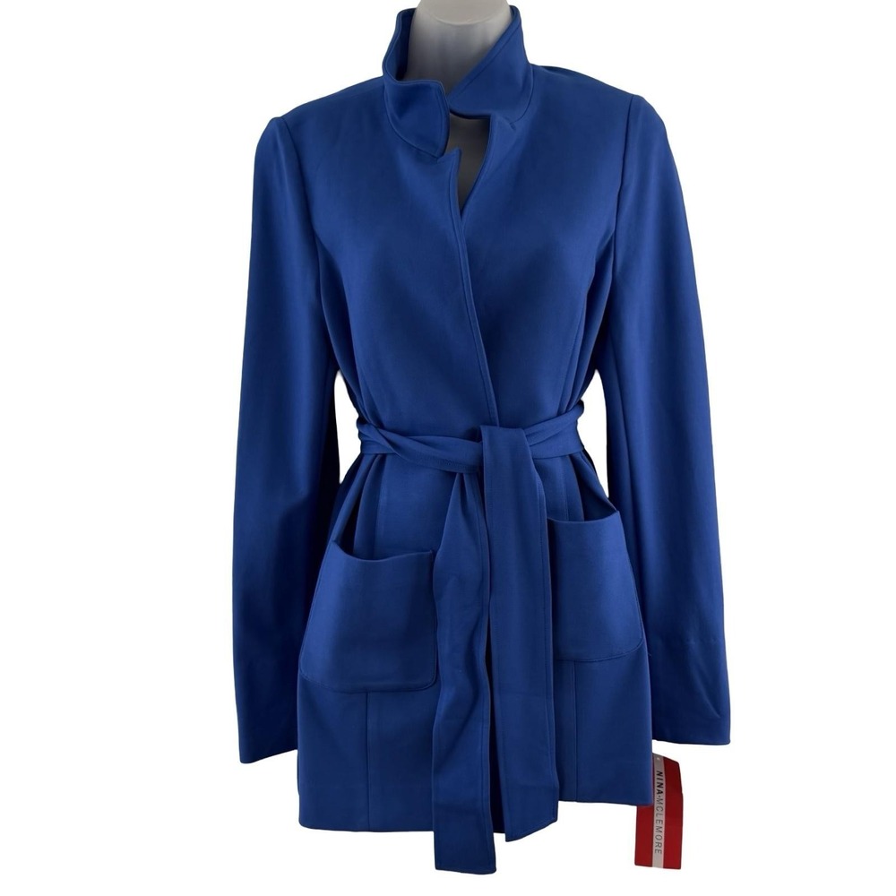 Nina McLemore Car Coat Womens 10 Blue Ponte Knit Belted Pockets Funnel Neck USA